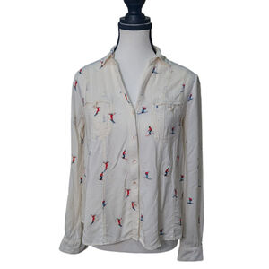 Cabincore Ski Print Button-Front Blouse Maeve | Whimsical Winter Top | Size 0